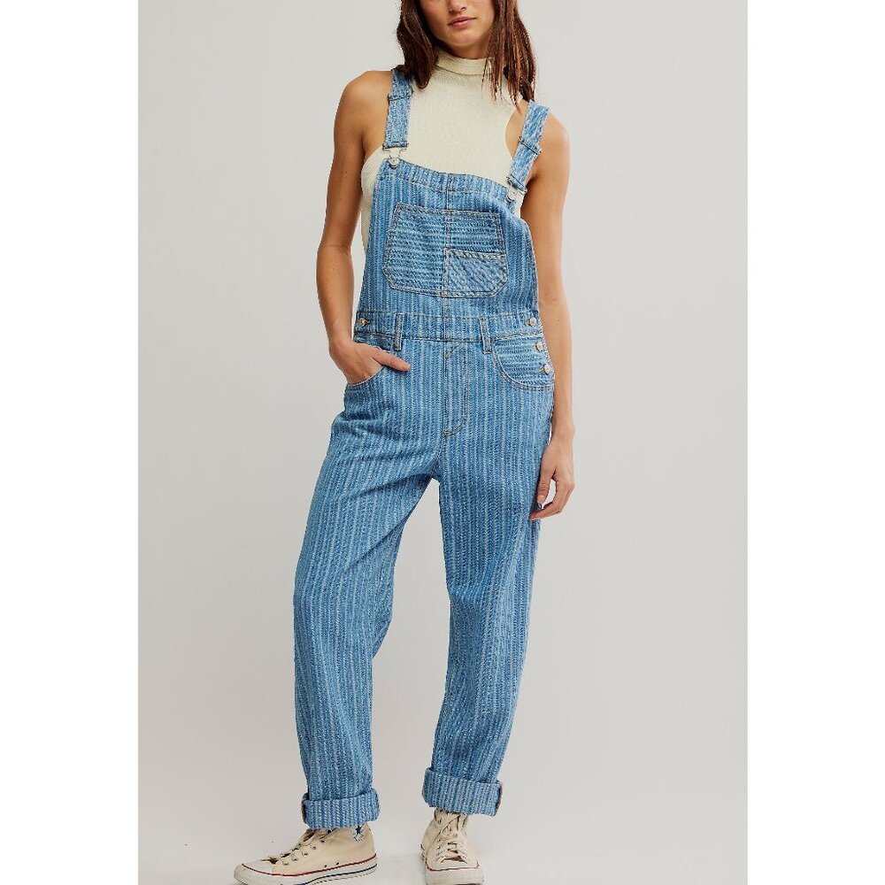 Free People Blue Striped Denim Overalls Jumpsuit